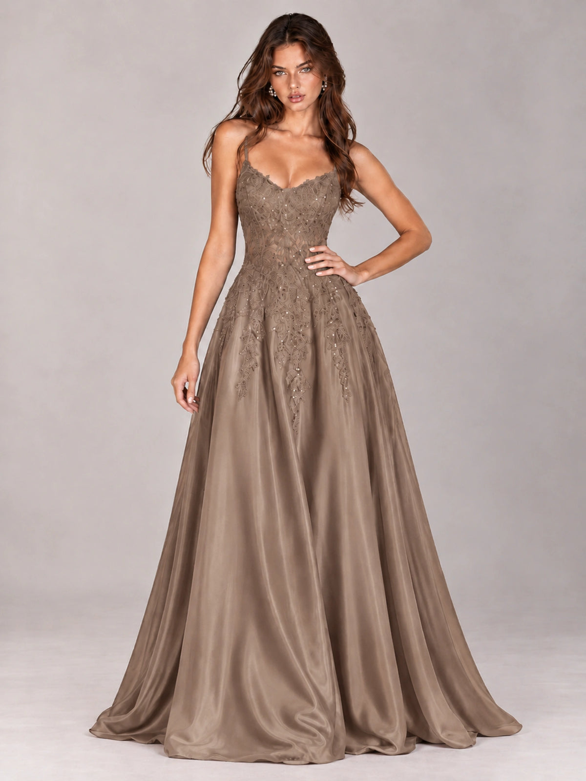 Lace Applique Satin A-Line Prom Dress with Sheer Bodice