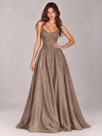 Lace Applique Satin A-Line Prom Dress with Sheer Bodice