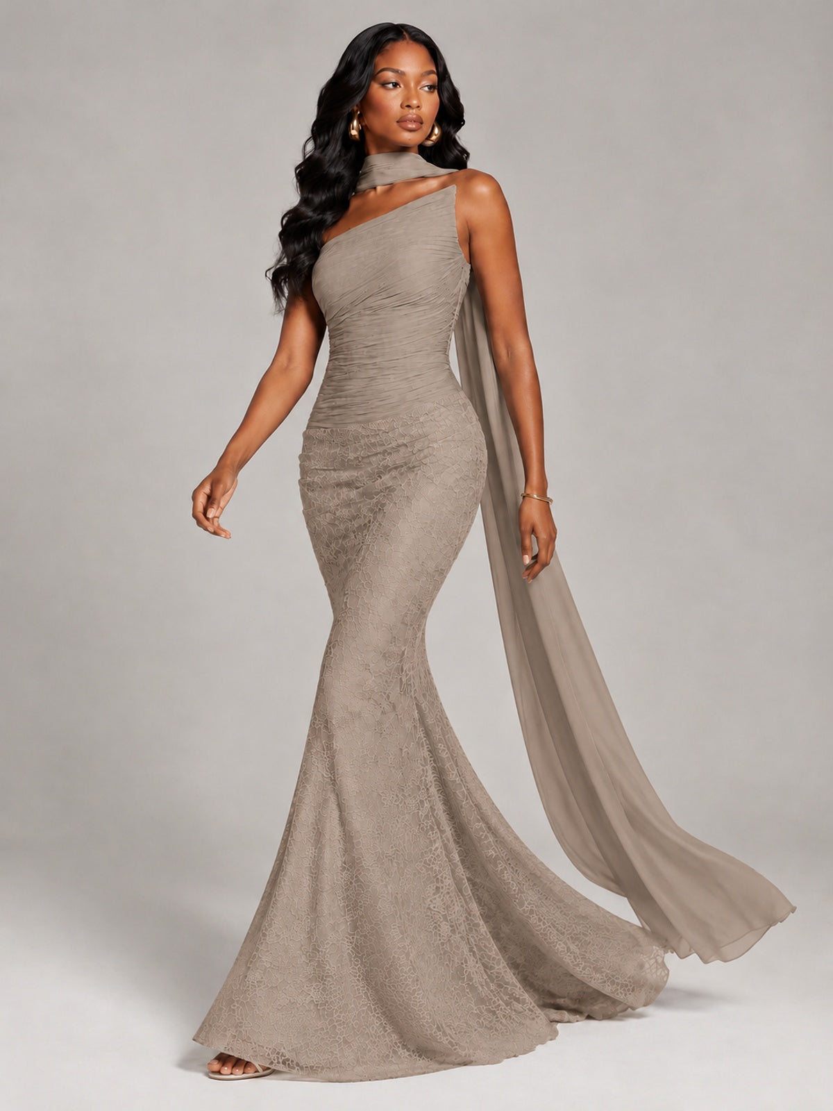 Pleated Chiffon Lace Prom Dresses Long Bodycon Mermaid with Scarf
