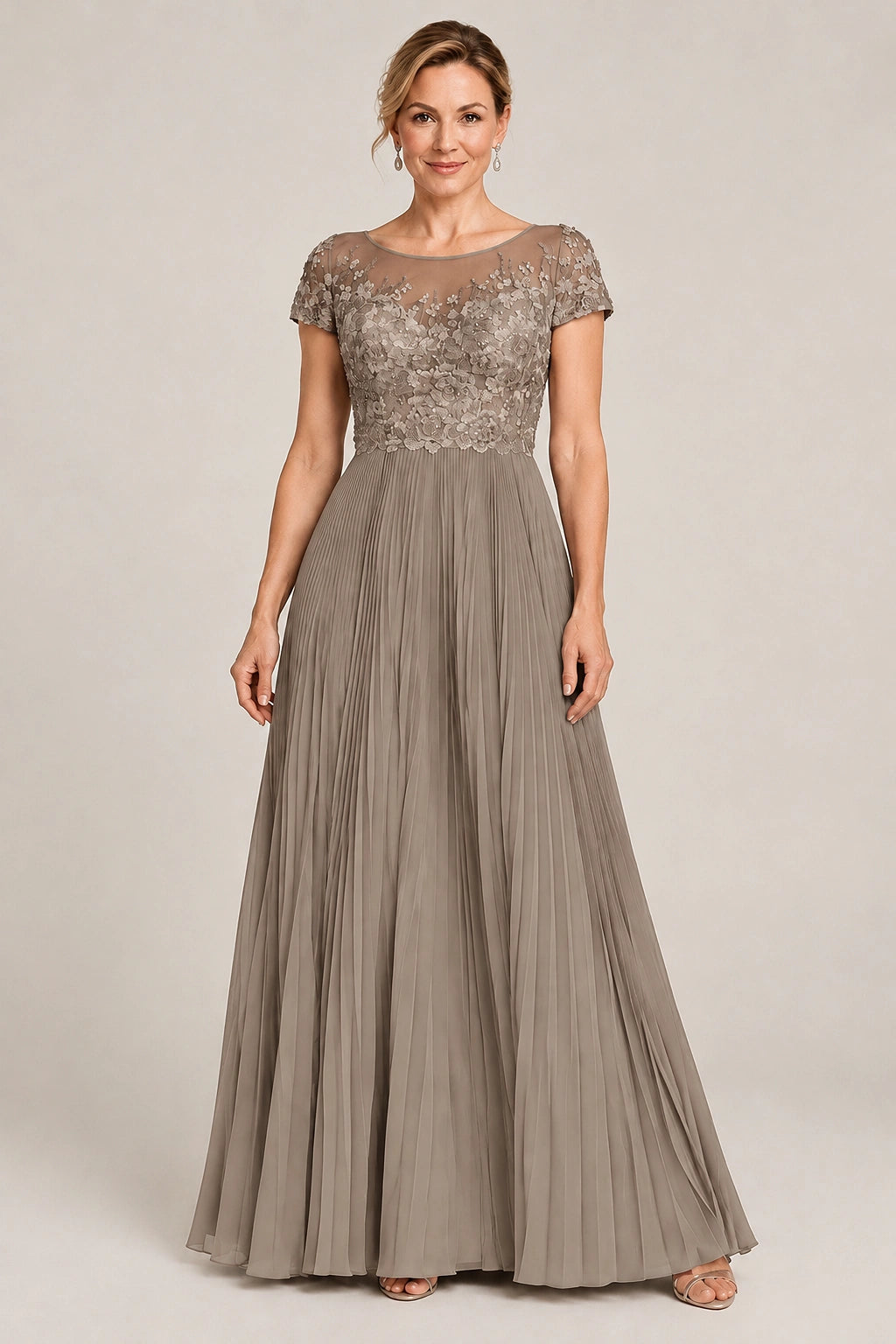 Embroidered Lace Pleated Mother of the Bride Dress