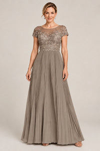 Embroidered Lace Pleated Mother of the Bride Dress