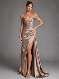 Off Shoulder Satin Maxi Dress with Slit