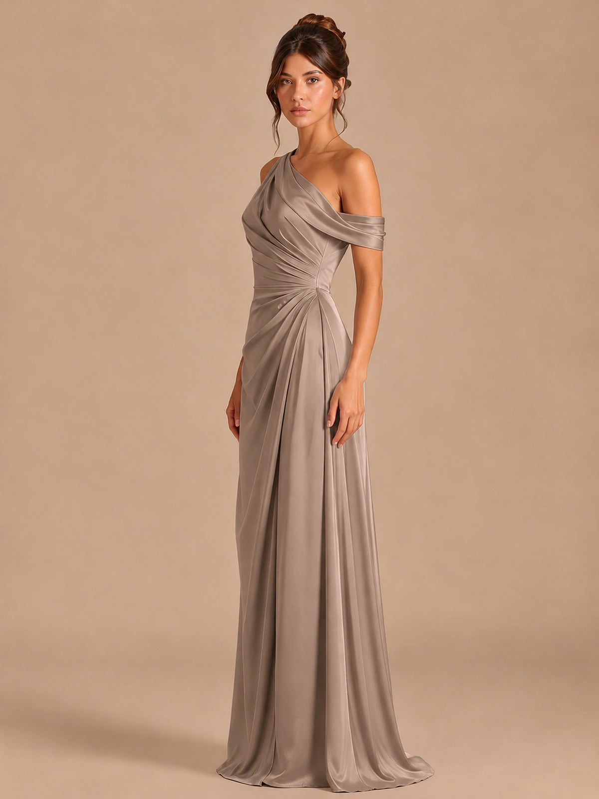 Satin One Shoulder Prom Dress Ruched Long Formal Evening Gown