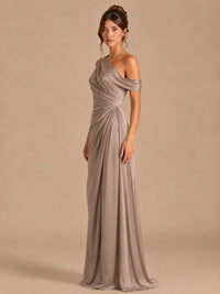 Satin One Shoulder Prom Dress Ruched Long Formal Evening Gown