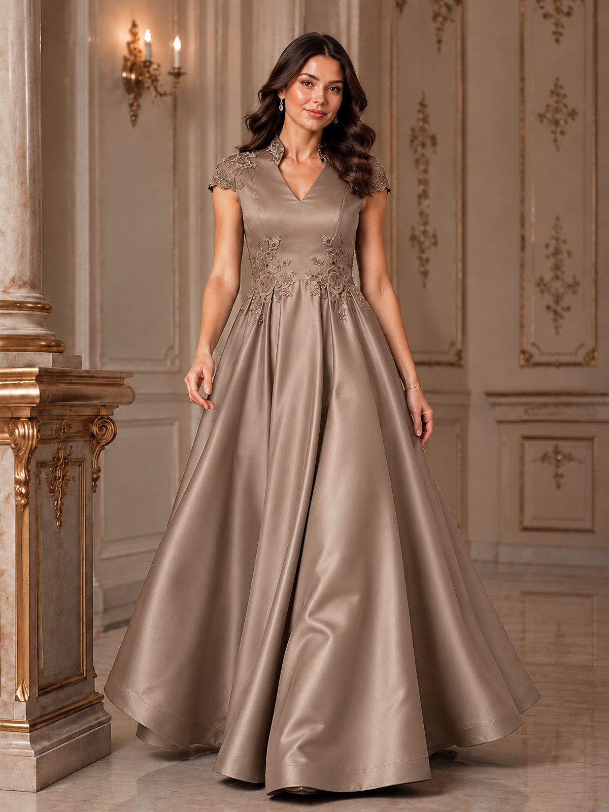 Lace Appliqué A-Line Satin Maxi Dress