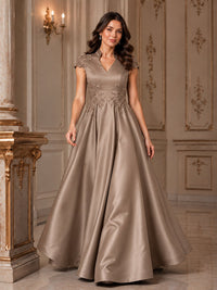 Lace Appliqué A-Line Satin Maxi Dress