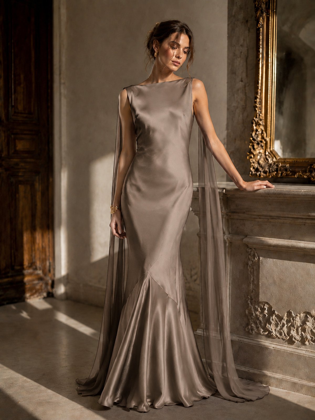 Burgundy Satin Mermaid Cape Maxi Dress