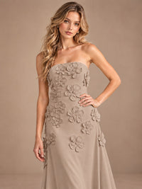 Yellow Strapless A-line Satin Maxi Dress with 3D Floral