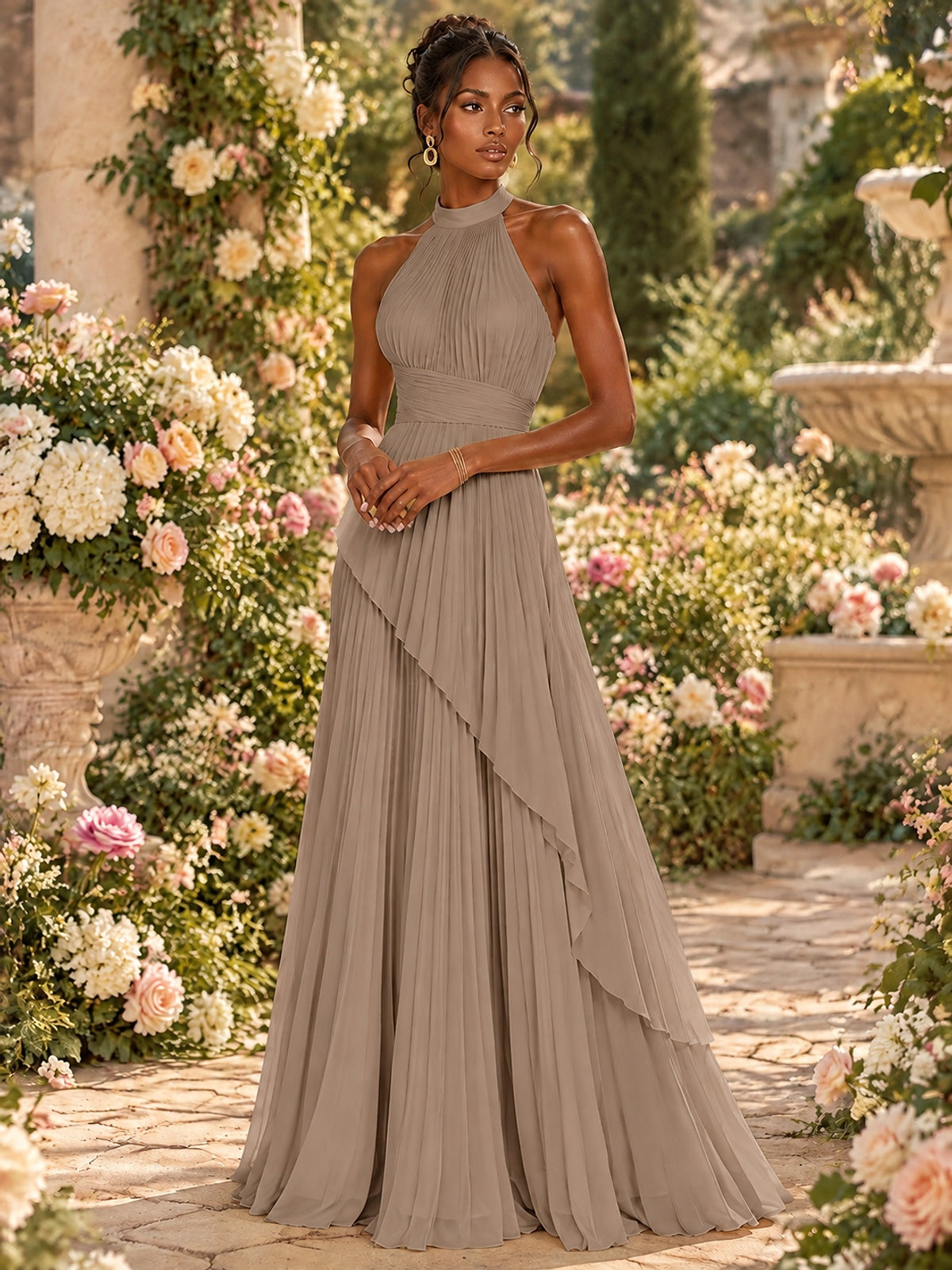 Wrap Pleated Prom Dress Halter A-line Chiffon Formal Wedding Dress