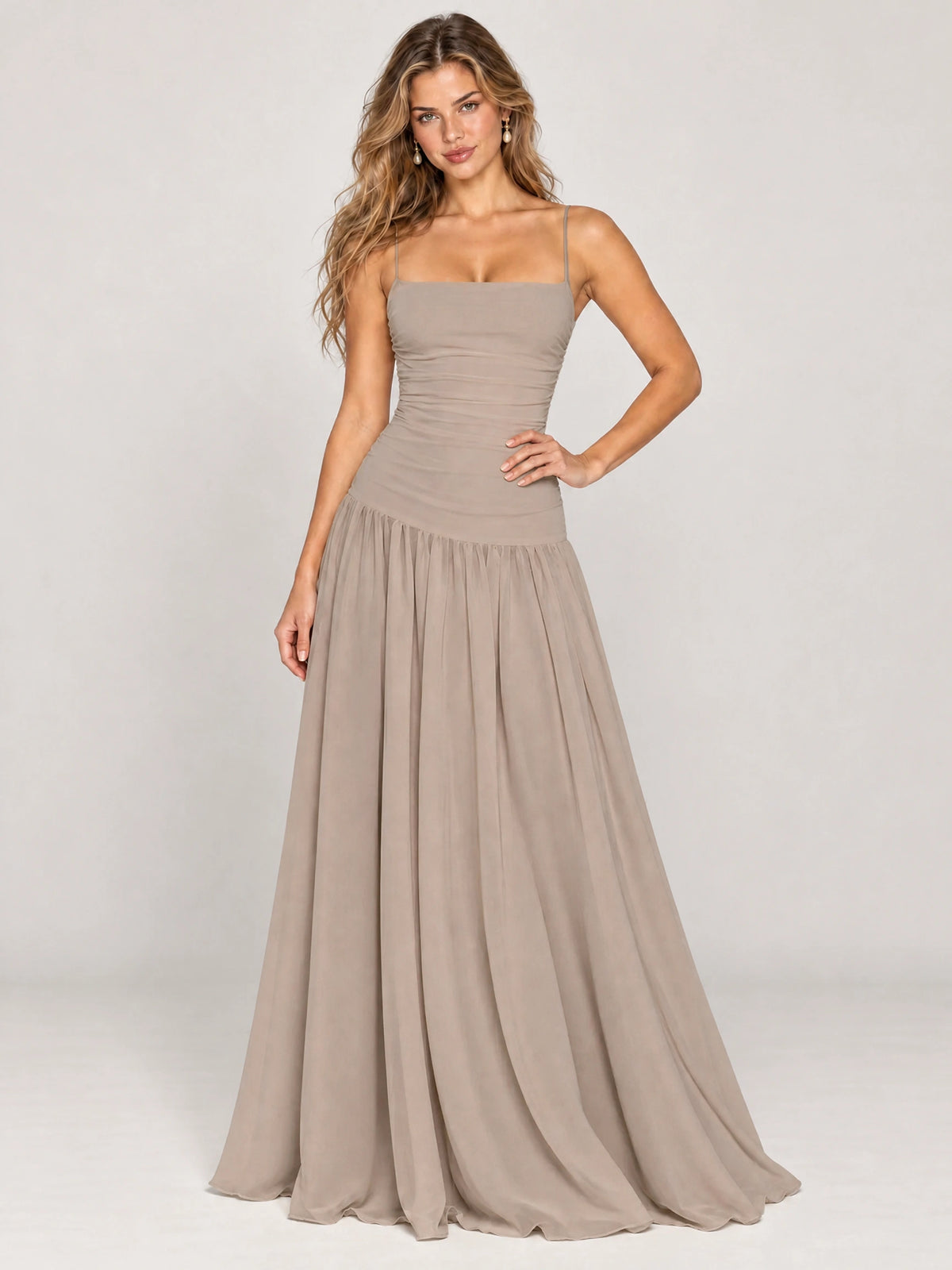 Butter Yellow Ruched Spaghetti Strap Drop-Waist Prom Dress