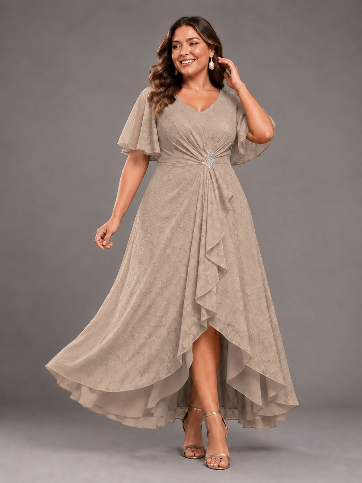 Jacquard Chiffon A-Line V-Neck High-Low Mother of the Bride Dress