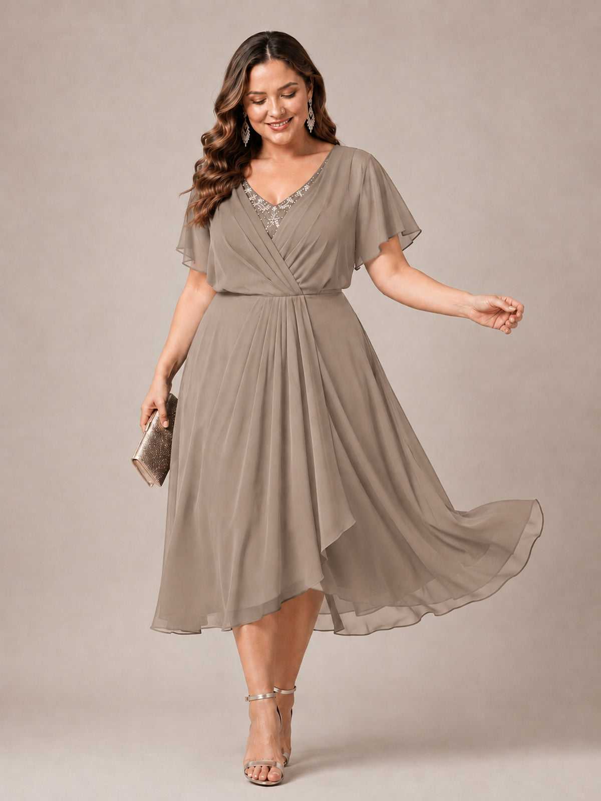 Navy Blue A-Line V-Neck Tea-Length Mother of the Bride Dress