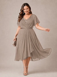 Navy Blue A-Line V-Neck Tea-Length Mother of the Bride Dress