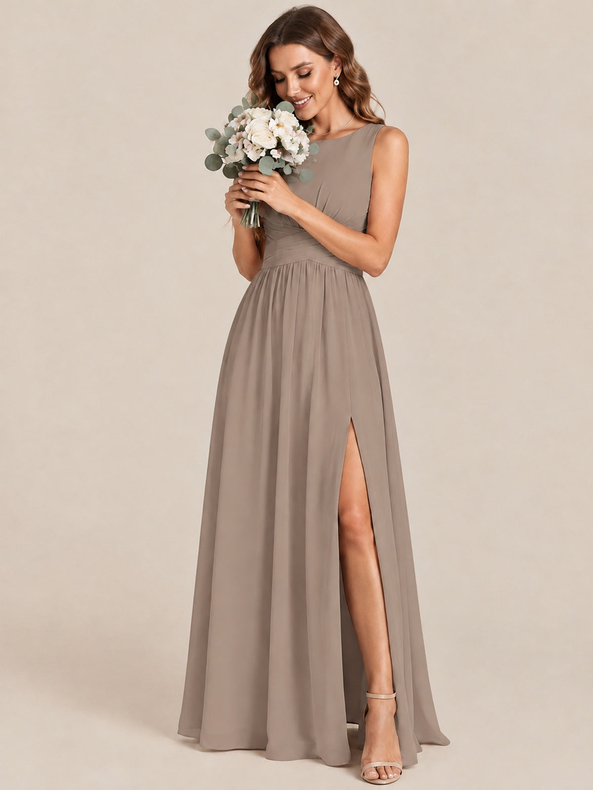 A-line Sleeveless Rucehd Chiffon Bridesmaid Dress with High Slit