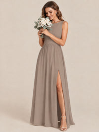 A-line Sleeveless Rucehd Chiffon Bridesmaid Dress with High Slit