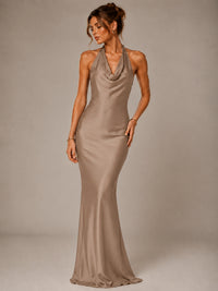 Olive Green Halter Satin Mermaid Maxi Dress