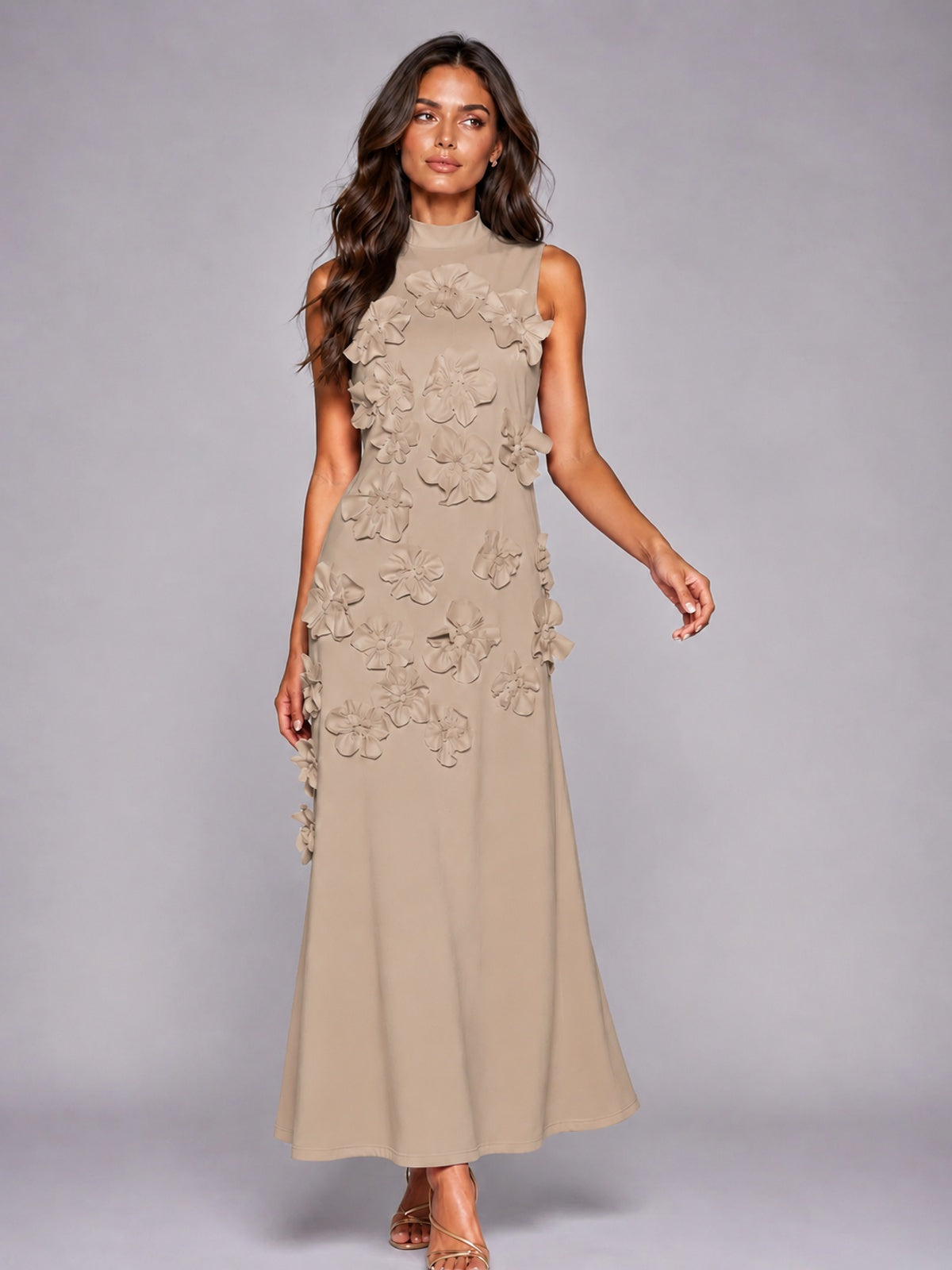 3D Floral Applique High Neck Prom Maxi Dress