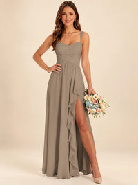 Spaghetti Straps Pleated Chiffon Bridesmaid Dress with Ruffle Slit