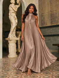 Rust Orange Pleated Halter Neck Maxi Dress