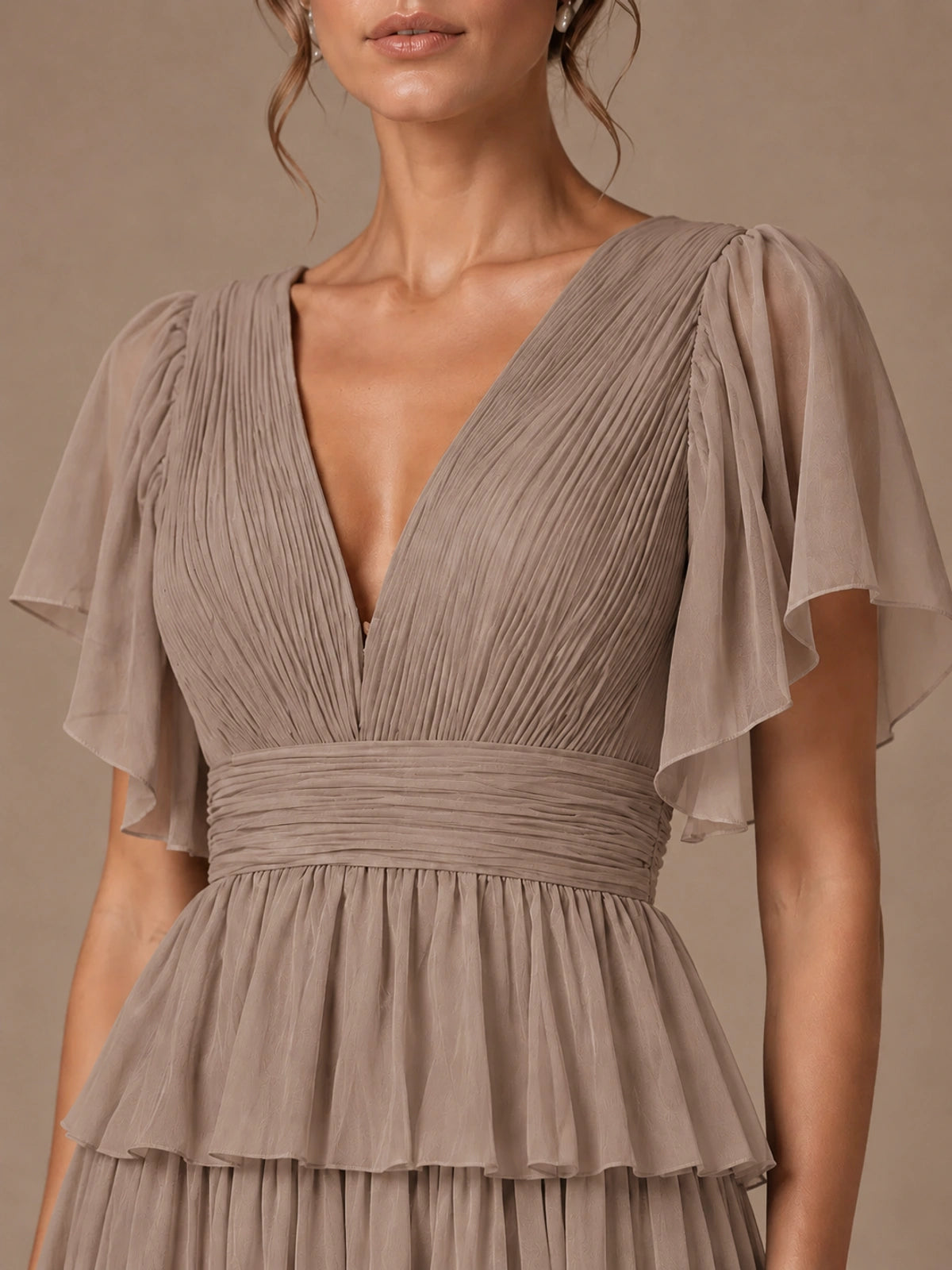 Chiffon V-Neck Tiered Ruffle Bridesmaid Dress with Slit