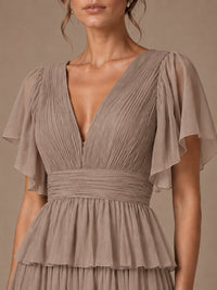 Chiffon V-Neck Tiered Ruffle Bridesmaid Dress with Slit