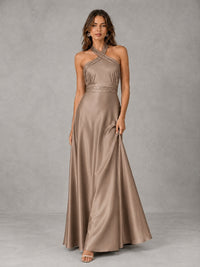 Sage Green Satin A-Line Bridesmaid Dress with Halter Neck