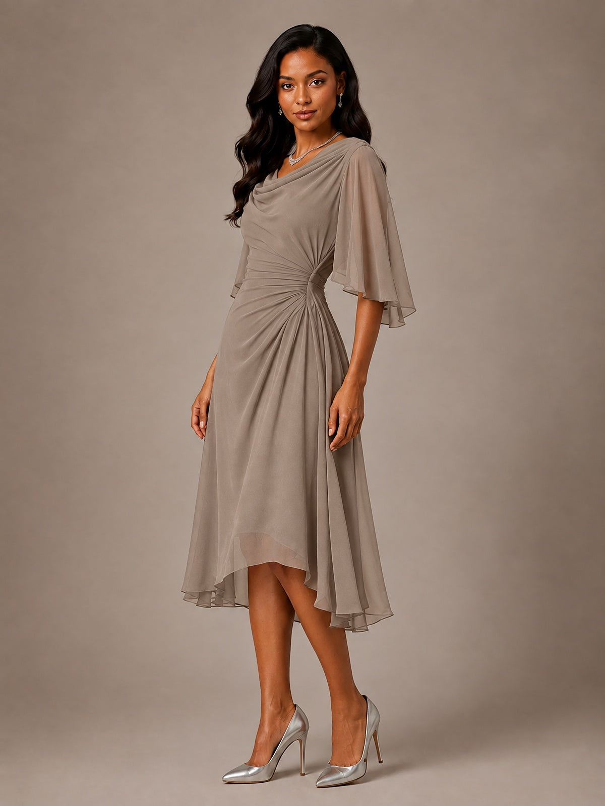 Cowl Neck Ruched Chiffon Mother of the Bride Dresses with Flutter Sleeves