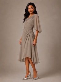 Cowl Neck Ruched Chiffon Mother of the Bride Dresses with Flutter Sleeves