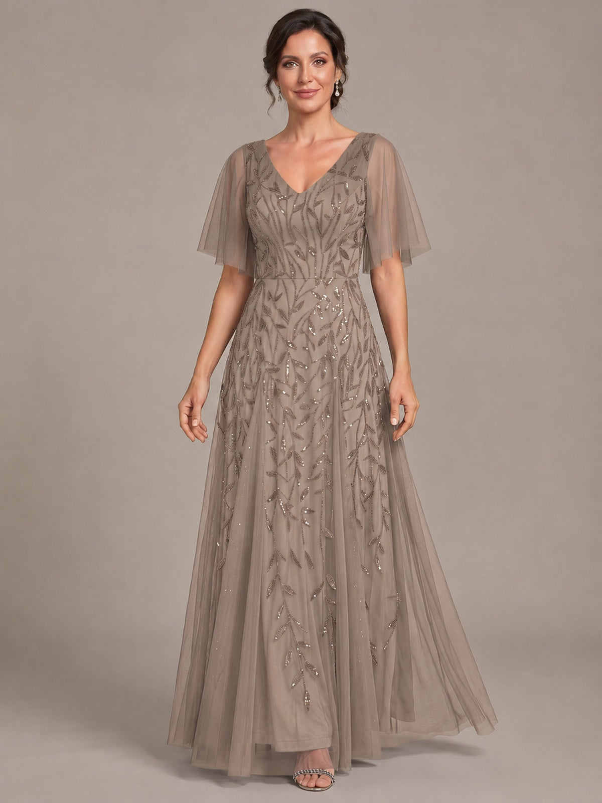 V-Neck Sequin Tulle Mother of the Bride Dress with Flutter Sleeve
