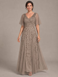 V-Neck Sequin Tulle Mother of the Bride Dress with Flutter Sleeve
