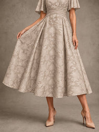 V-Neck Floral Jacquard Tea-Length Mother of the Bride Dress
