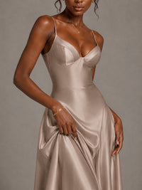 Lavender V Neck Satin Prom Dress with Spaghetti Straps