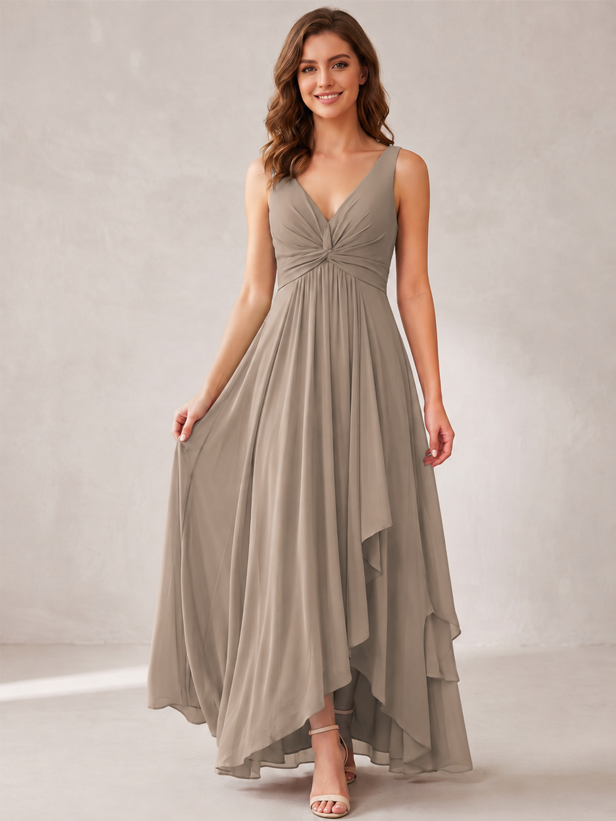 V-Neck High-Low Chiffon Bridesmaid Dress with Ruffles