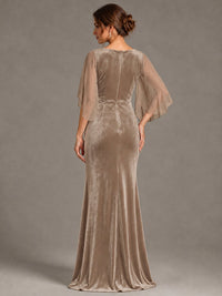 Navy Blue Velvet V Neck Mermaid Formal Dress with Flutter Cape Sleeves