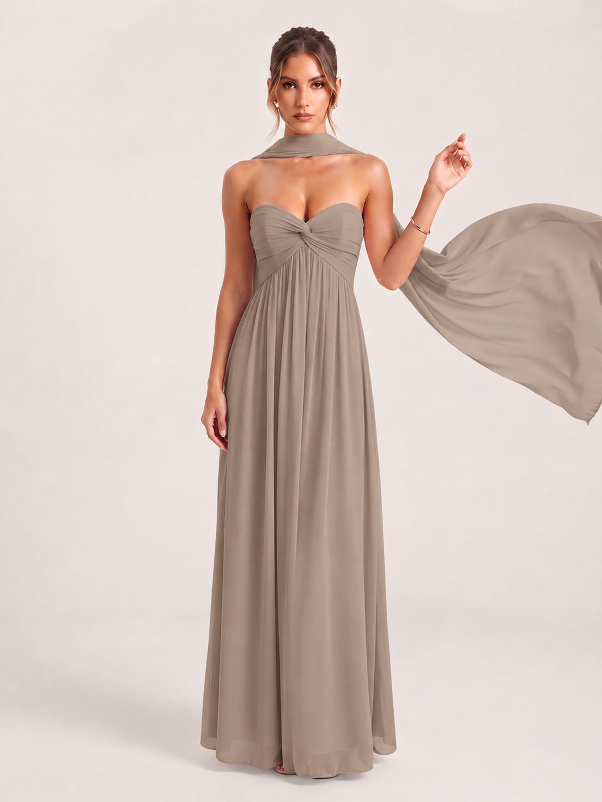 Strapless Ruched Chiffon Long Prom Dress with Scarf