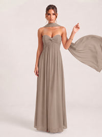 Strapless Ruched Chiffon Long Prom Dress with Scarf