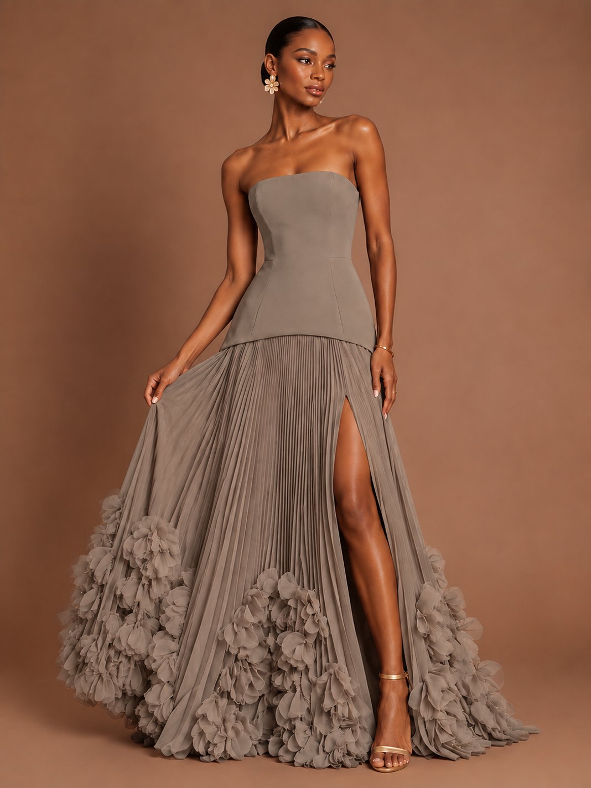 Strapless Pleated Floral Satin Formal Dress with Side Slit