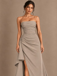 Black and White Strapless Ruched Prom Dress with High Slit & Side Drape