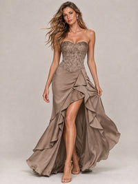 Strapless Lace Appliques Corset Satin Prom Dress Ruffle Slit Evening Gown