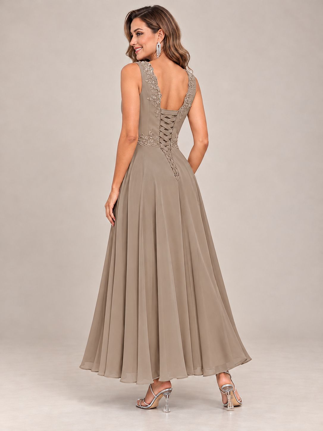 Dusty Blue Floral Lace Chiffon Mother of the Bride Dress with Jacket