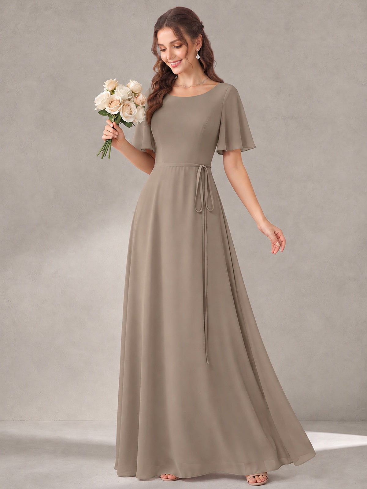 Scoop Neck A-line Chiffon Bridesmaid Dress with Flutter Sleeve & Belt