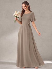 Scoop Neck A-line Chiffon Bridesmaid Dress with Flutter Sleeve & Belt