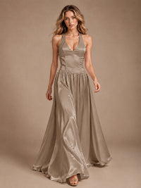 Pink V Neck Halter Satin Maxi Dress
