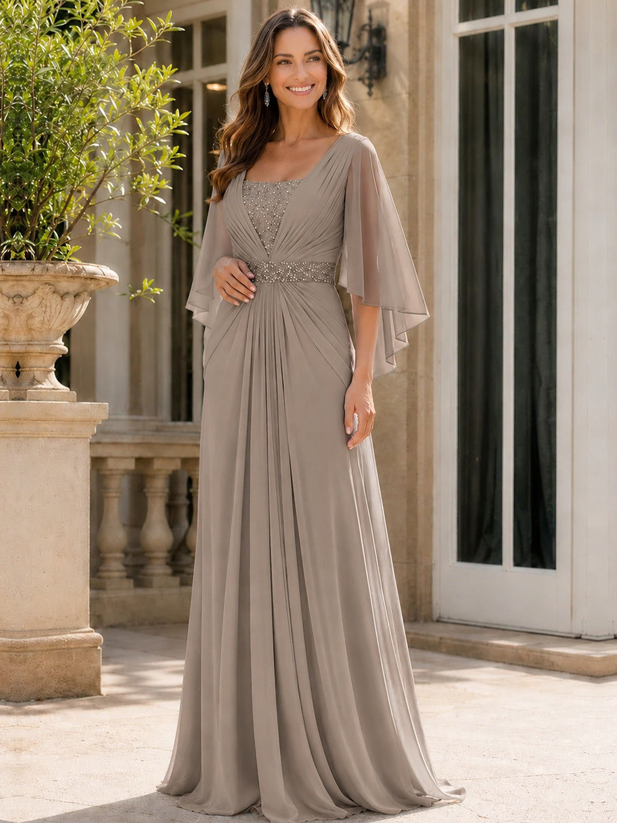 Elegant V-Neck Sequined Chiffon Mother of the Bride Dress with Flutter Sleeves