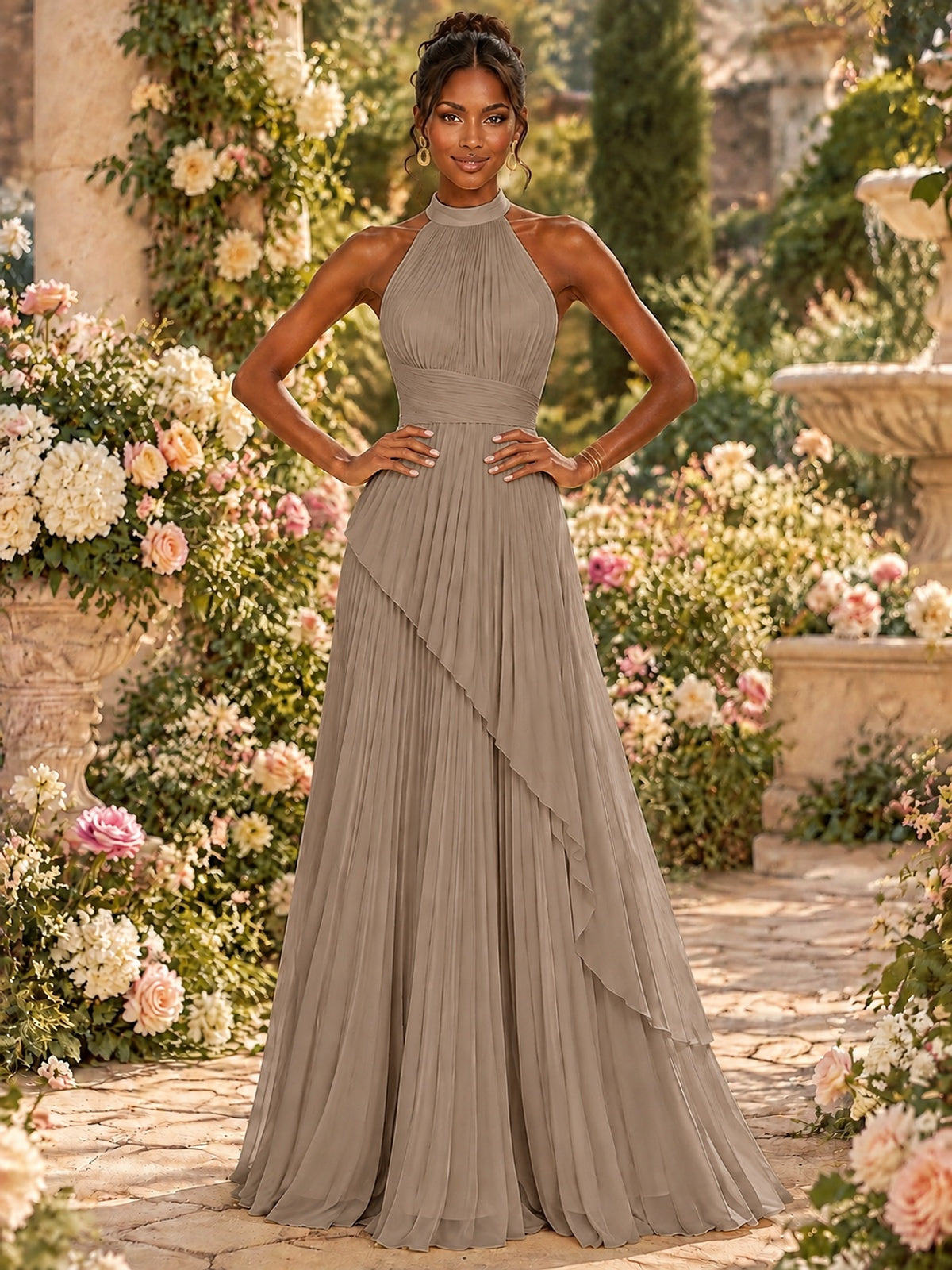 Wrap Pleated Prom Dress Halter A-line Chiffon Formal Wedding Dress