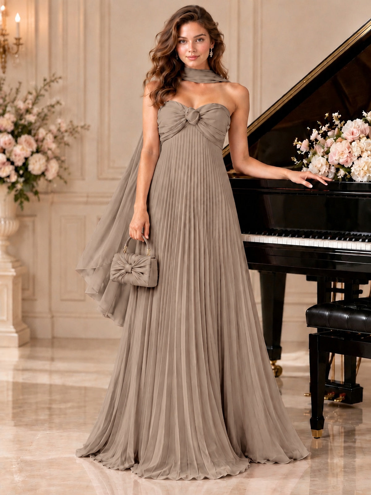 Sweetheart Neckline Pleated Prom Dress Strapless A-line Formal Dress with Flowy Scarf
