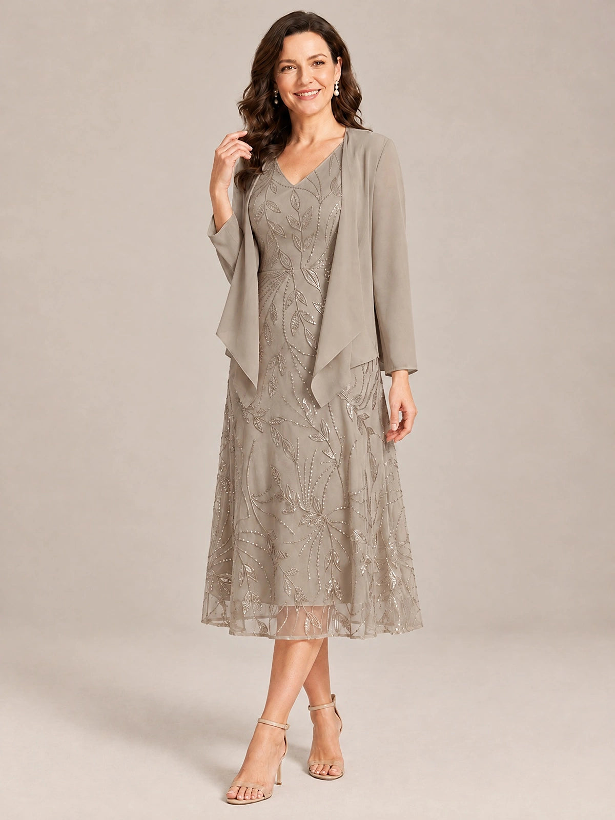 Tea Length Sequin Lace Mother of the Bride Dress with Chiffon Jacket