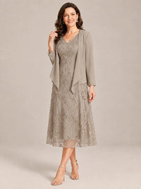 Tea Length Sequin Lace Mother of the Bride Dress with Chiffon Jacket