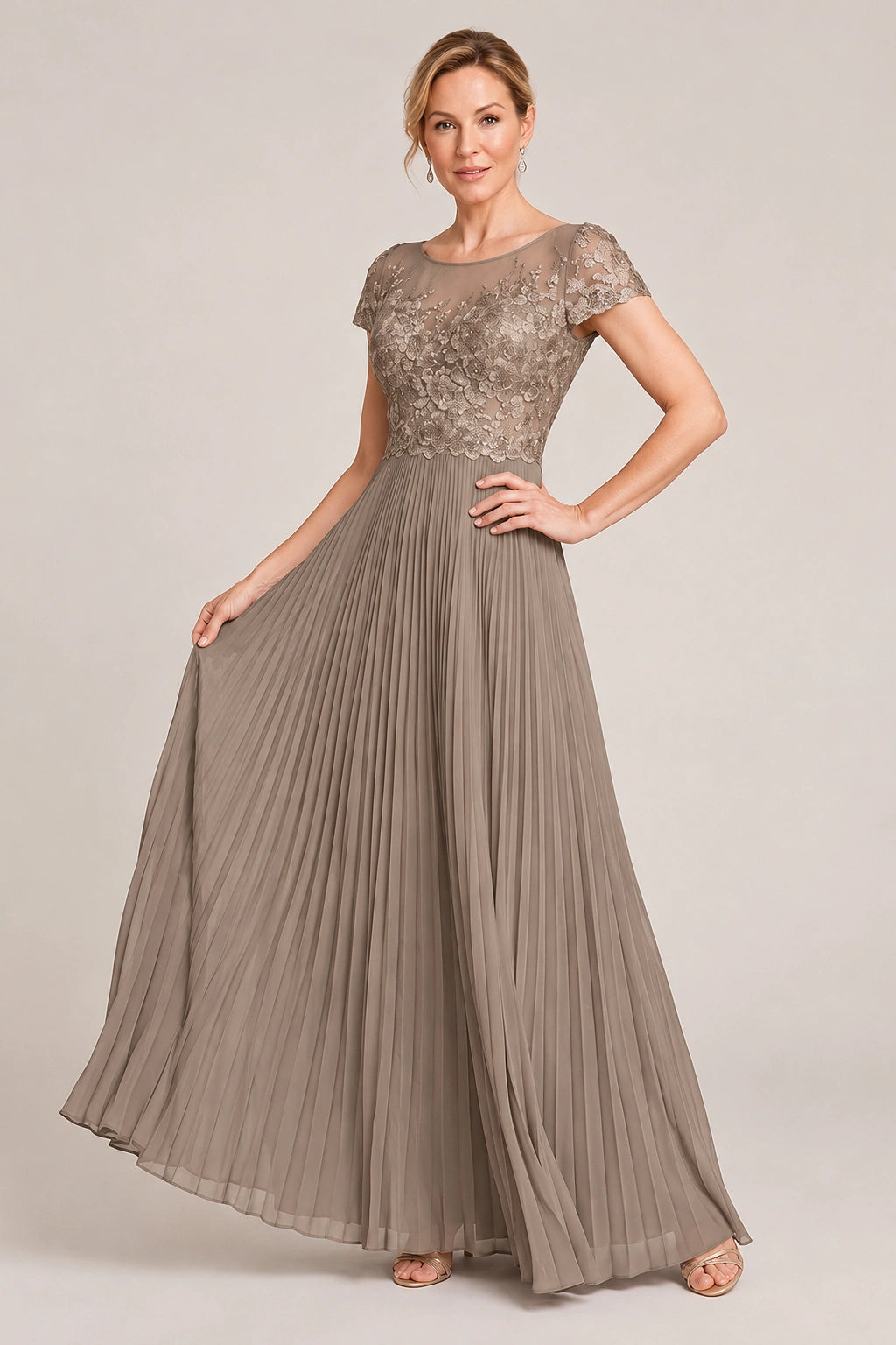 Embroidered Lace Pleated Mother of the Bride Dress