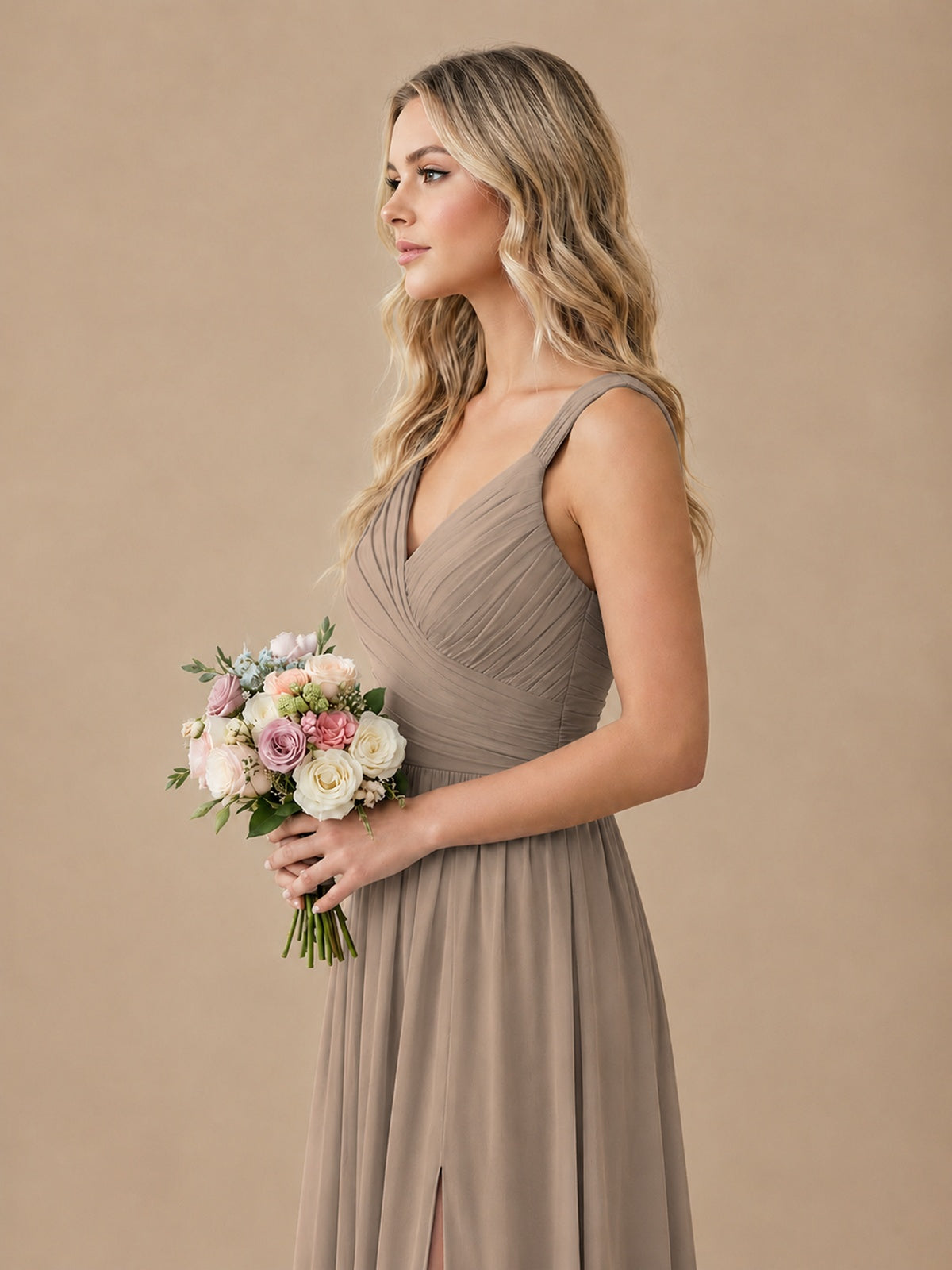 Pleated Chiffon V Neck Wedding Bridesmaid Dresses Floor Length with Slit